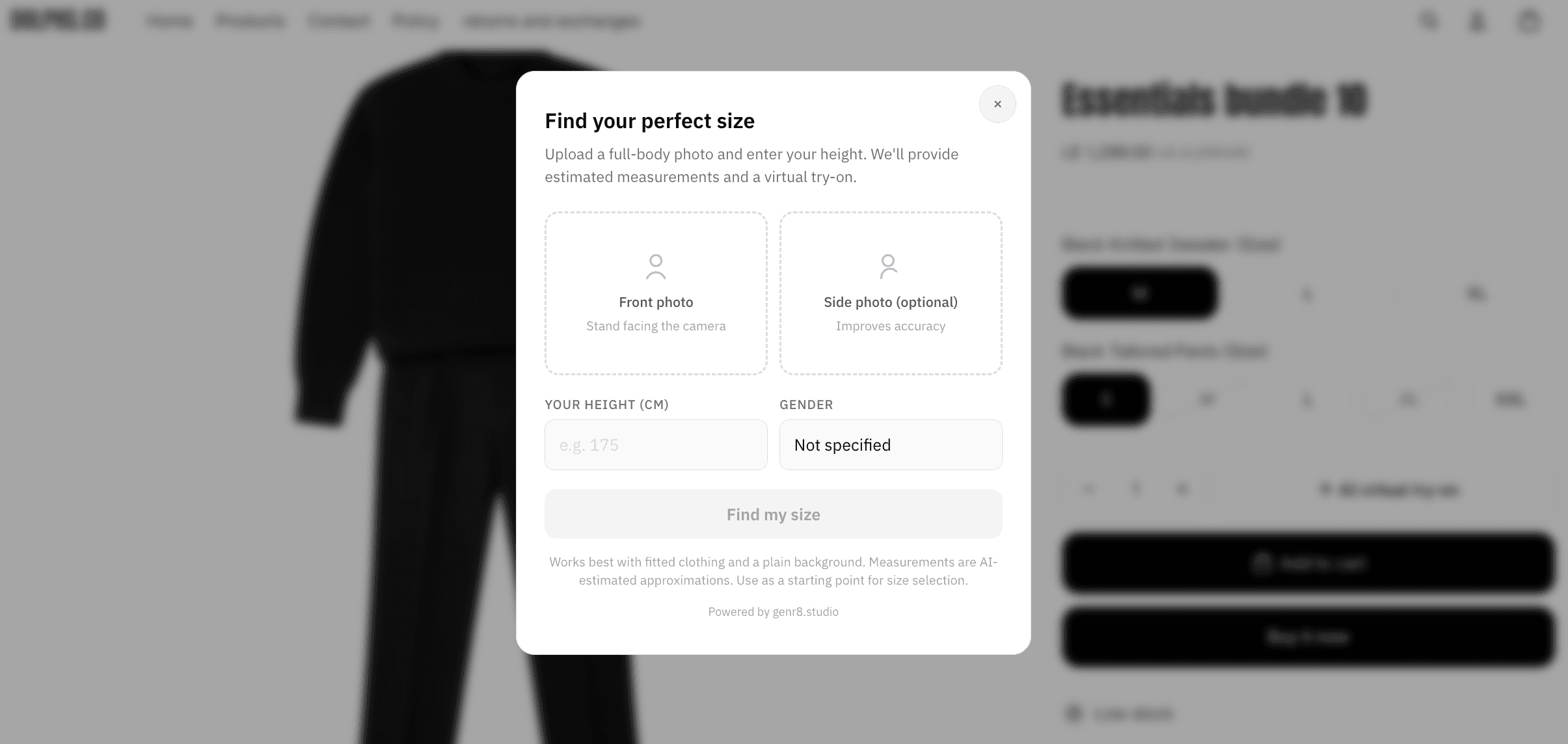 Genr8 AI size scanner widget preview